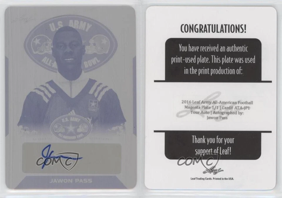 2016 Leaf US Army All-American Bowl Tour 1/1 Jawon Pass #ATA-JP1 Auto 0en0 - Image 3 of 3
