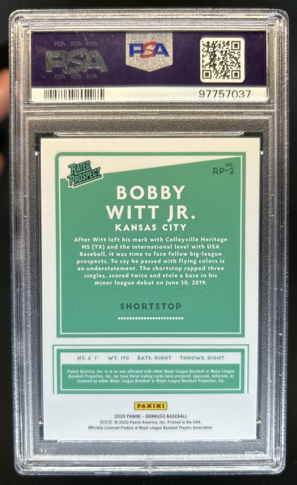 2020 Panini Donruss Bobby Witt Jr. Rated Prospects Vector #RP-2 Royals PSA 10 view 2