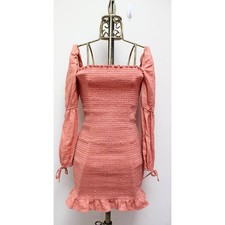 Reformation Salmon Coral Hilary Smocked Long Sleeve Linen Dress Size Medium