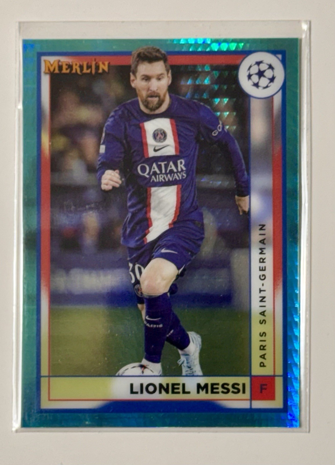 2022-23 Topps Merlin Chrome UEFA UCC Lionel Messi #104 Aqua Prism Refractor PSG view 3