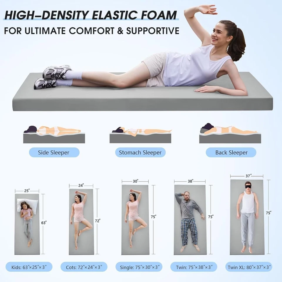 Almofada de colchão de acampamento de espuma com memória, almofada de dormir de 3 polegadas para berço: 72*24*3 cinza - Imagem 2 de 2