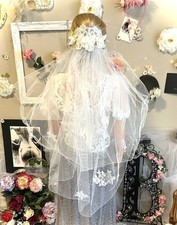 Vintage Off White Lace Bridal Veil Pearl Satin Floral Sequined 2 Tiers w Blusher
