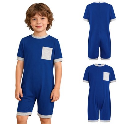 US Kids Special Needs Autism Clothing Back Press Button Crotch Striped Jumpsuit