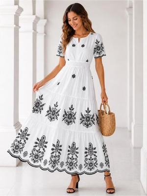 #ad White amp; Black Embroidered Boho Maxi Dress Elegant Cottagecore Pockets Size M $79.99