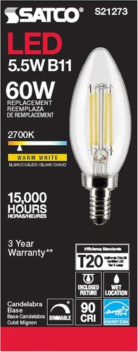 S21273 - LED B11 Candelabra Light Bulb, 5.5W, Warm White, Clear, 120V, E12, 6 Pa - Picture 3 of 9
