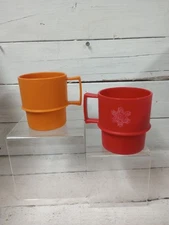 Vintage Tupperware Camping Mugs Set of 2 – Red Snowflake & Orange Stackable Cups