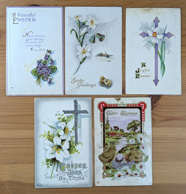 Lot of 5 Antique Embossed Laminated Illustrated Easter Greetings Postcards