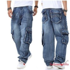Men's Classic Denim Jeans Loose Long Trouser Hip Hops Baggy Pockets Cargo Pants