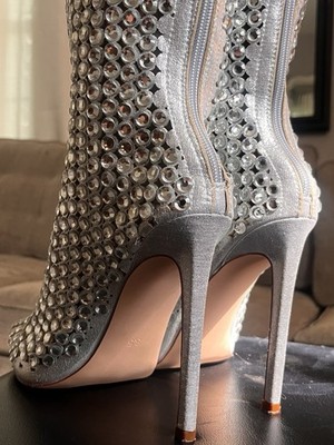 NEW Azalea Wang Stiletto Full Of Love boots Rhinestone Diamond Silver Calf  8.5