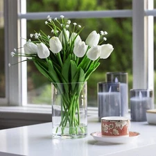 ENOVA FLORAL 18 Heads Artificial Tulips Flowers Real Touch in Vase, Artificia...