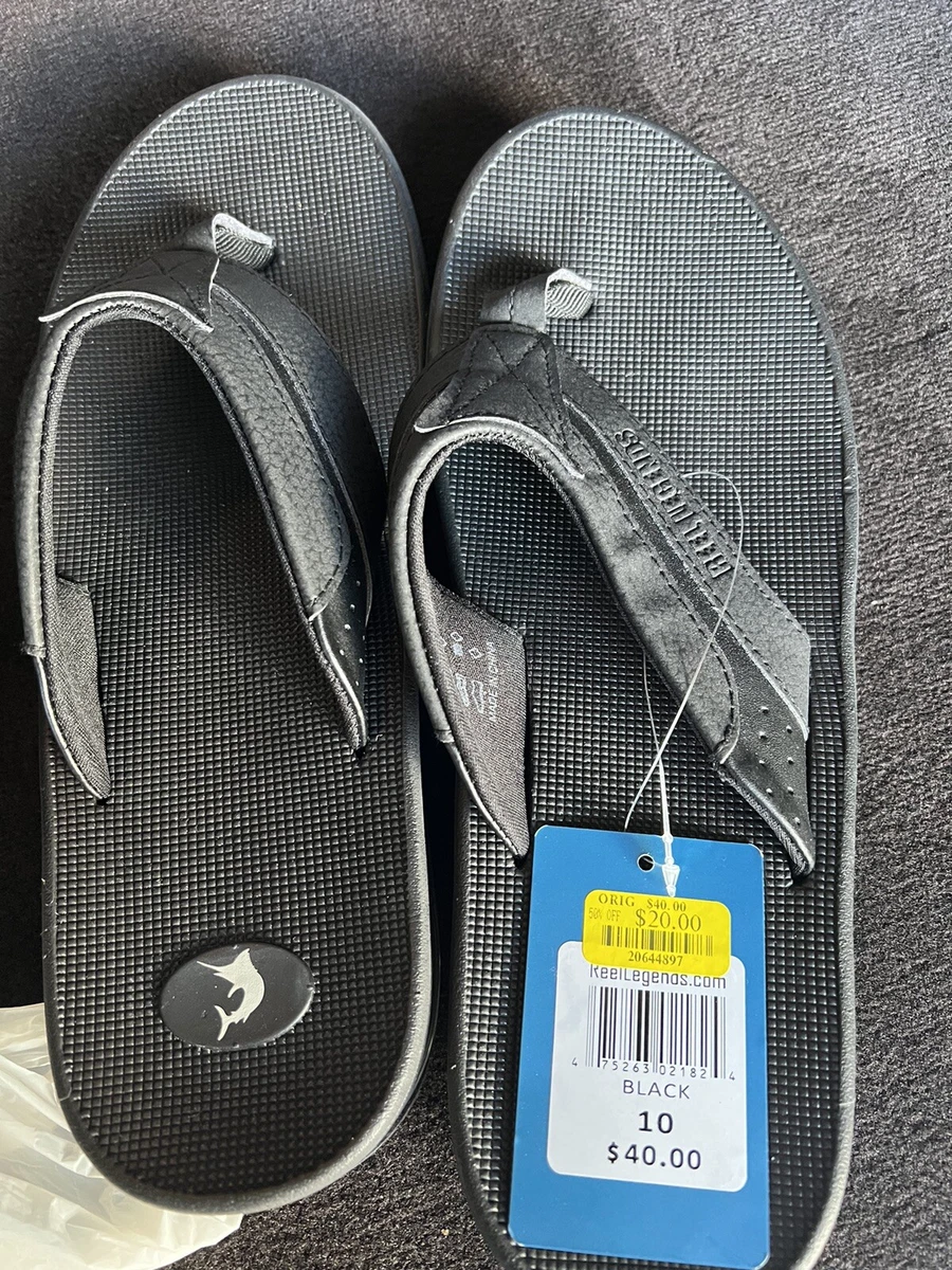 Reel Legends Mens Flip Flops BLACK SIZE 10 WITH LEATHER STRAP