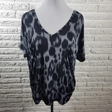 AB Studio Womens Top Extra Large XL Tee Black Gray Watercolor Casual Poly Blend