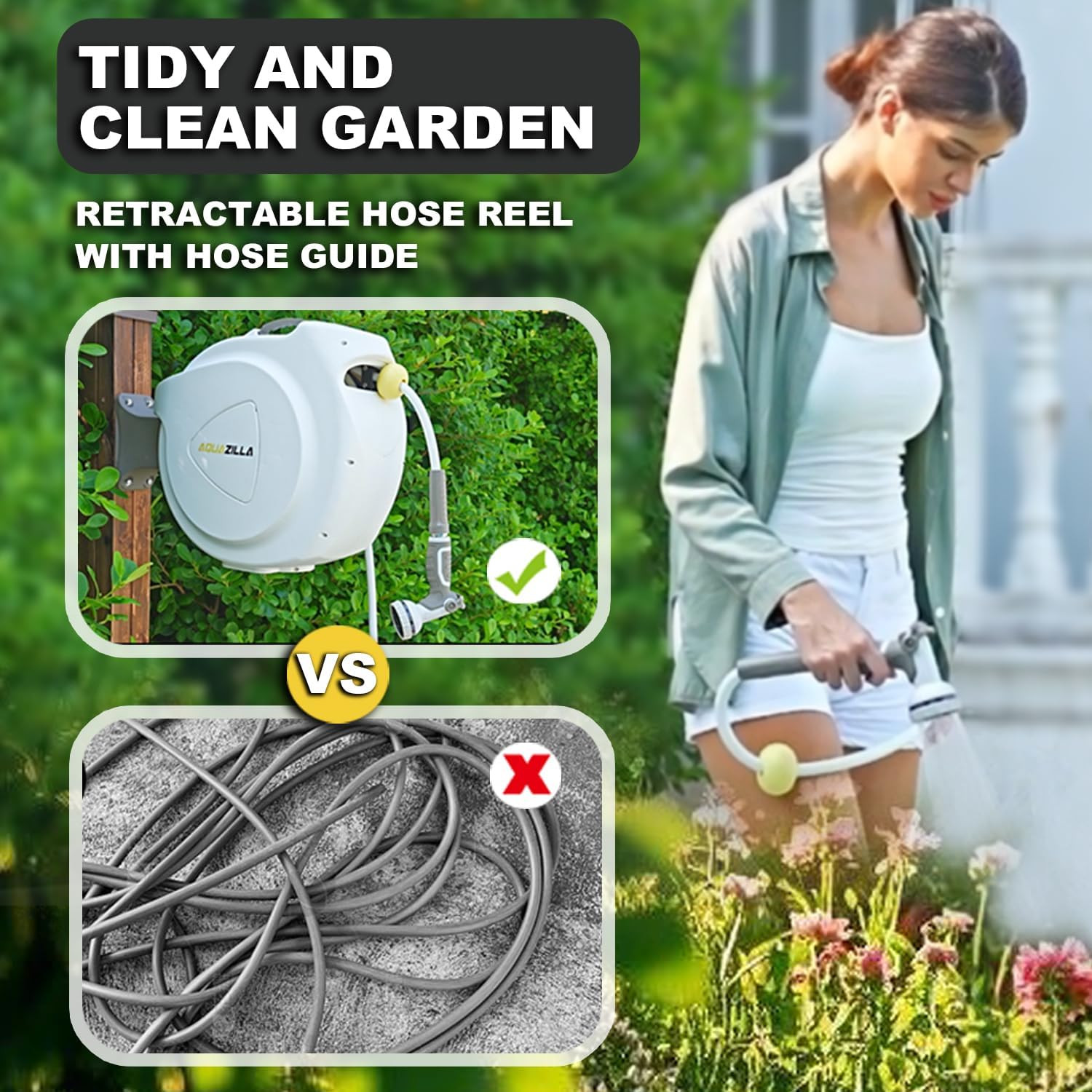 Heavy Duty Retractable Garden Hose Reel, 75ft, Automatic Rewind, 10 Nozzle