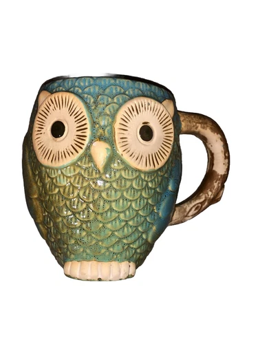 Gibson Home Pottery 3D Glazed Owl Over Sized Mug 18oz 5” Tall Teal Brown Animal