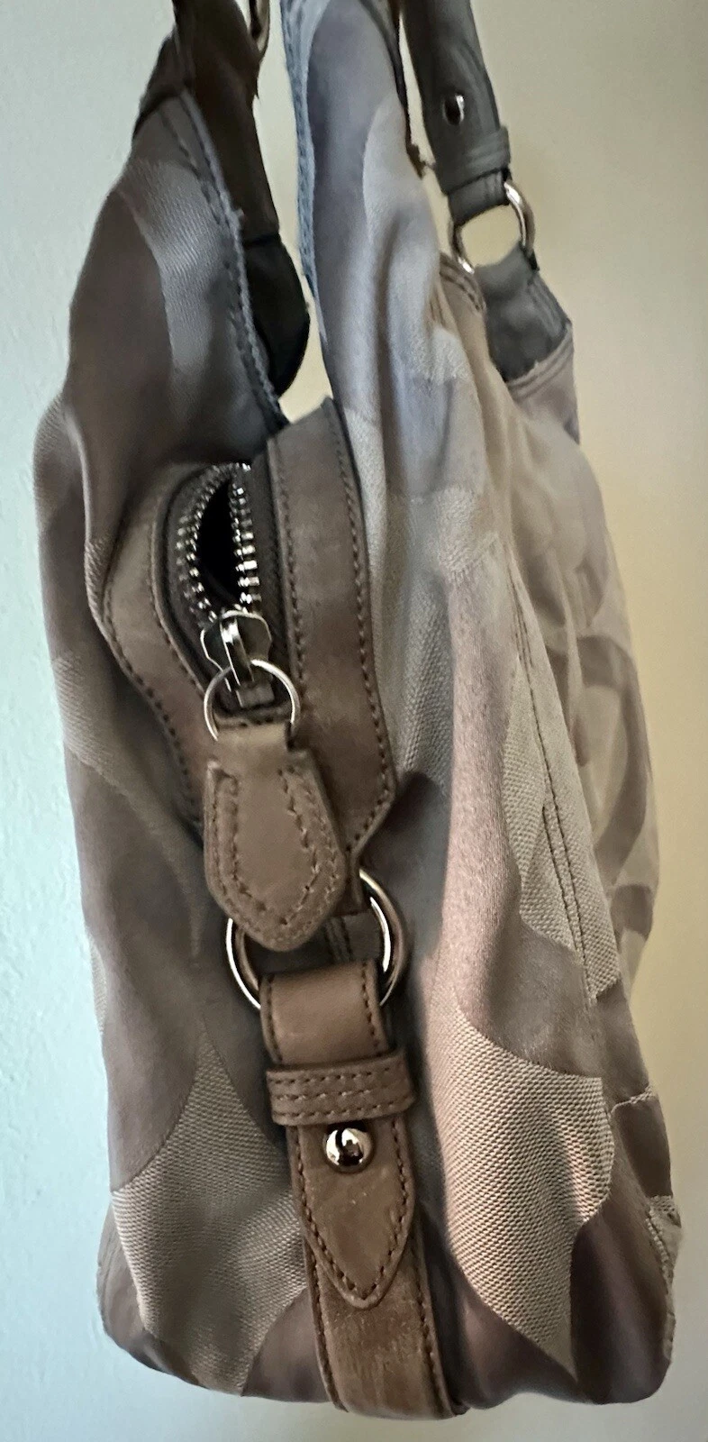 Borsa Coach Op Art Maggie argento grigio tela e pelle stile hobo #13894 Boho