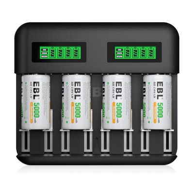 EBL 4x 5OOOmAh C Cell Rechargeable Batteries Ni-MH + AA AAA C D Battery Charger