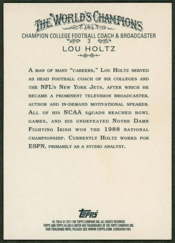 Lou Holtz SIGNED 2011 Topps Allen & Ginter #3 Notre Dame Auto Base Set - Image 2 of 2