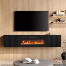 Modern Floating TV Stand with 36" Electric Fireplace 80" TV Black