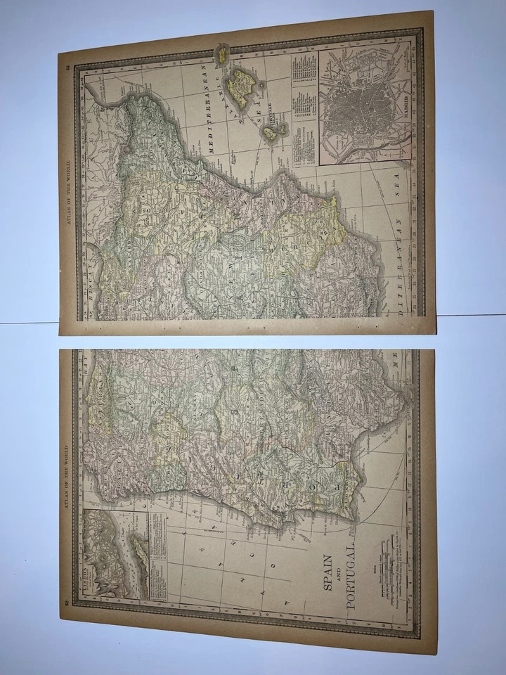 1890 2-Pc SPAIN & PORTUGAL Map Fm 1890 Rand-McNally Atlas SEE PICs & DESCRIP - Image 2 of 4
