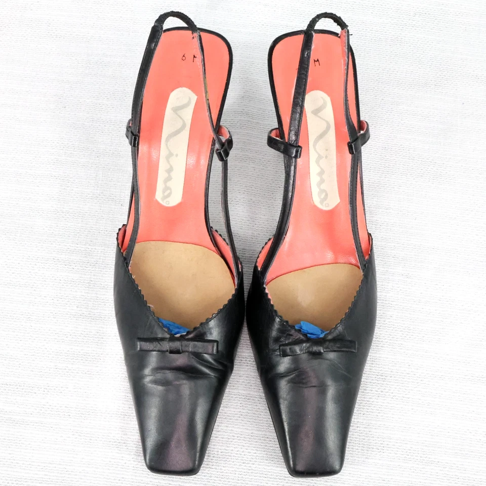 Zapatos de salón Nina para mujer 6 M de cuero negro con honda trasera tacón de gatito lazo de colección Foto 2 de 4