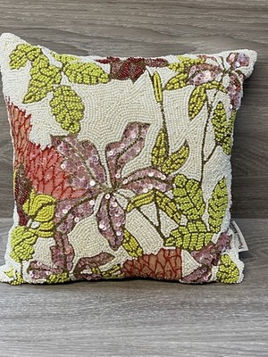 Primrose Vintage Floral Beaded Throw, Accent Pillow 12 x12  Pink And Green