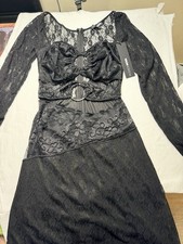 Fashion Nova Black Floral Lace Bodycon Long Dress Scoop Neck Zip Ring Sz S