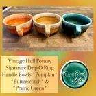 3 Vintage Hull O Ring Handle Bowls Orange, Prairie Green & Butterscotch Drip 60s