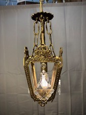 Antigua araña de bronce vintage pequeña colgante 1 linterna de luz cristales franceses