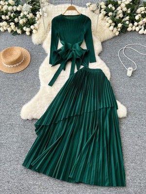 Design Lace-up Waist Irregular Pleated Top High Waist Drape Pleated Skirt Setss