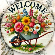 1pc Rustic Floral Wheelbarrow Welcome Sign - Tin Metal Signs 8x8" Aluminum Round
