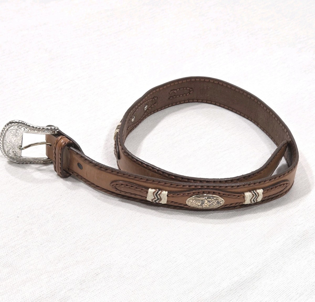 Tony Lama Leather Belt 34 Tan Concho Silver Buckle Rawhide  display picture 2