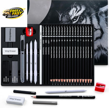 33 Piece Sketching Pencil Set - 5H to 14B Pencils, Charcoal Pencils, Charcoal ,