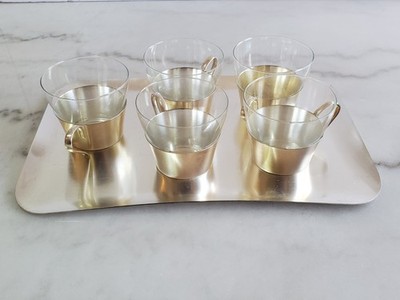 JENA GLAS Schott Mainz 5 Cup Holders With Glass Cups Vintage Shott & Gen Mainz
