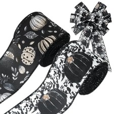 Fall Wired Edge Ribbon 2.5 Inch Black Pumpkin Leaves Wrapping Ribbon for Autumn
