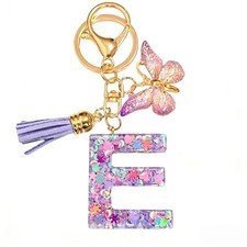 Initial Letter Keychain Cute Keychain Butterfly Sequins Alphabet Resin Purple-e