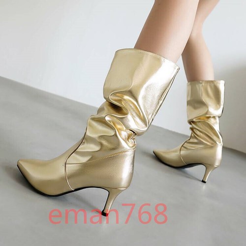 Moda Pull on Slouch Plisado Medio Pantorrilla Botas para Mujer Zapatos de Tacón de Gatito Talla - Imagen 25 de 29