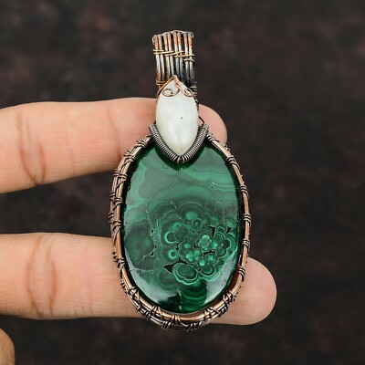 Russian Malachite Wire Wrapped Pendant Handcrafted Copper Dailywear 3.19''