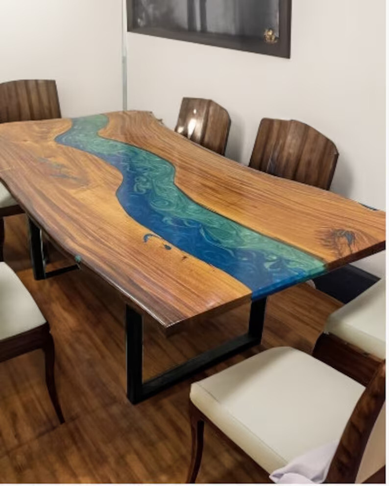 Blue Epoxy Resin Dining Table Top Ocean Wave Table Beach Epoxy Wooden Patio Deco