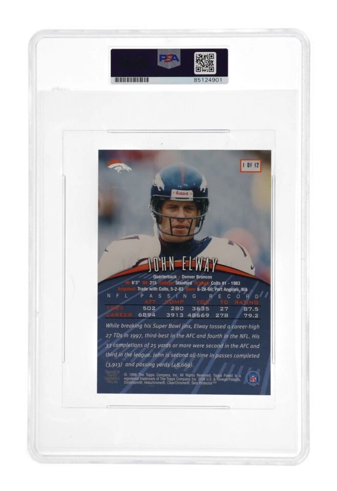 John Elway 1998 firmado Topps Finest Jumbos #1 PSA 9 autografiado Broncos Foto 2 de 4