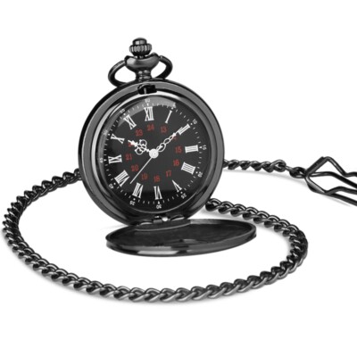 Black Roman Numerals Quartz Pocket Watch Men Women Hollow Case Steampunk Gifts