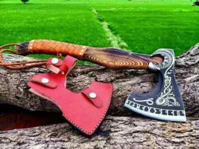 Handmade Viking Axe Carbon Steel Blade Leather Sheath Hunting Camping Tool