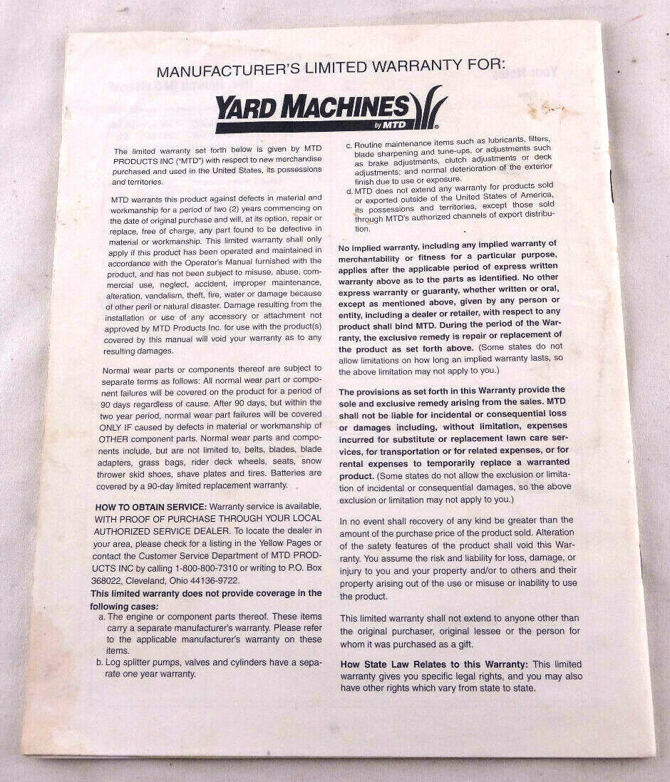 Yard Machines by MTD 540 Series 21" Mower Operator's Manual OEM Free