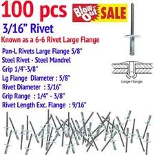 3/16" Diameter - Large 5/8" Flange - 1/4 - 3/8 Grip Range Steel Rivet - 100 pcs