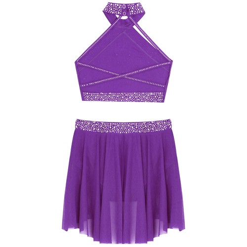 UK Girls Lyrical Dance Costume 2 Pc Halter Backless Crop Top with Skirt Outfit - Picture 42 of 105