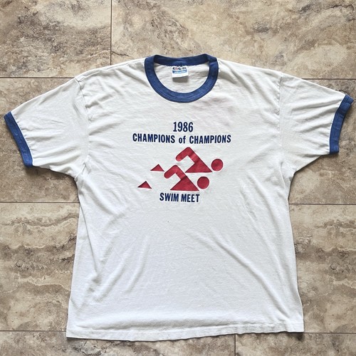 VTG Ringer T Shirt 1986 Champions Of Champions Swim Meet Hanes Sz XL Paper Thin