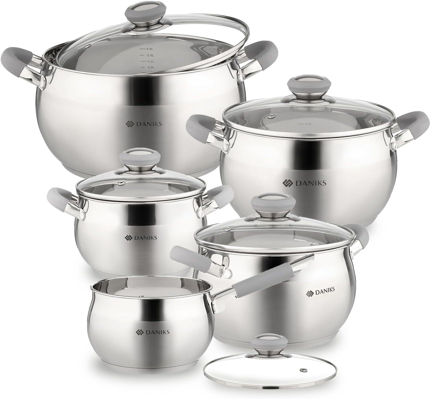 Daniks Modern Stainless Steel Kitchen Induction Pot Cookware Set | 10-Piece | Di