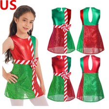 Kids Girls Christmas Santa Elf Costume Sleeveless Striped Ballet Dance Dress