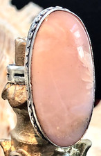 Large 1 1/4" Natural Pink Peruvian Opal Ring Oval 925 Sterling Silver Size 6.5