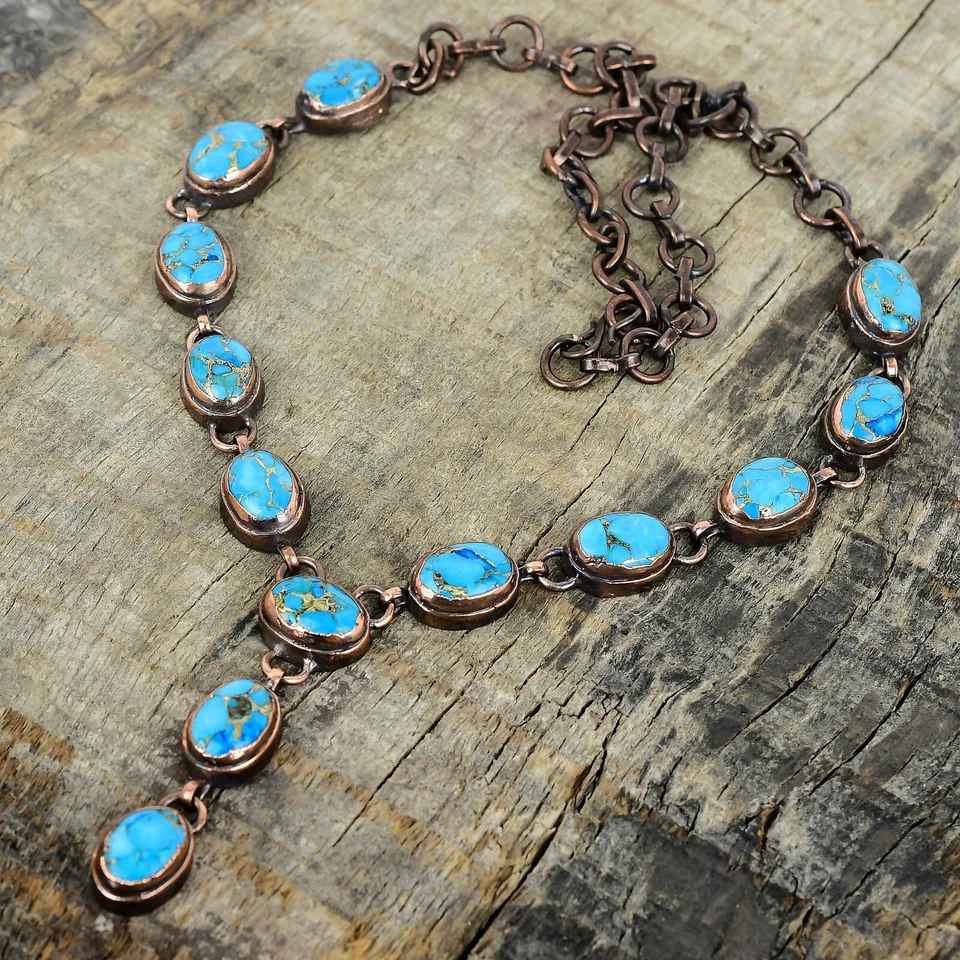 Collar Cadena Aniversario Electroformado Piedras Preciosas Turquesa Azul Cobre Foto 4 de 4