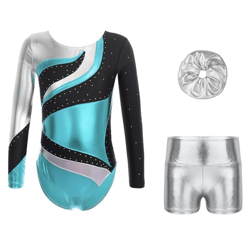 Kids Girls Set Metallic Outfit Hairband Dancewear Dance Round Neckline Shiny - Picture 9 of 53